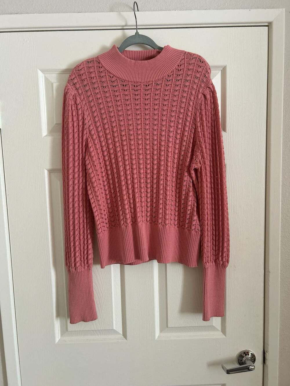 Ryegrass Pink Pointelle Open Knit Mock Neck Pullover Sweater